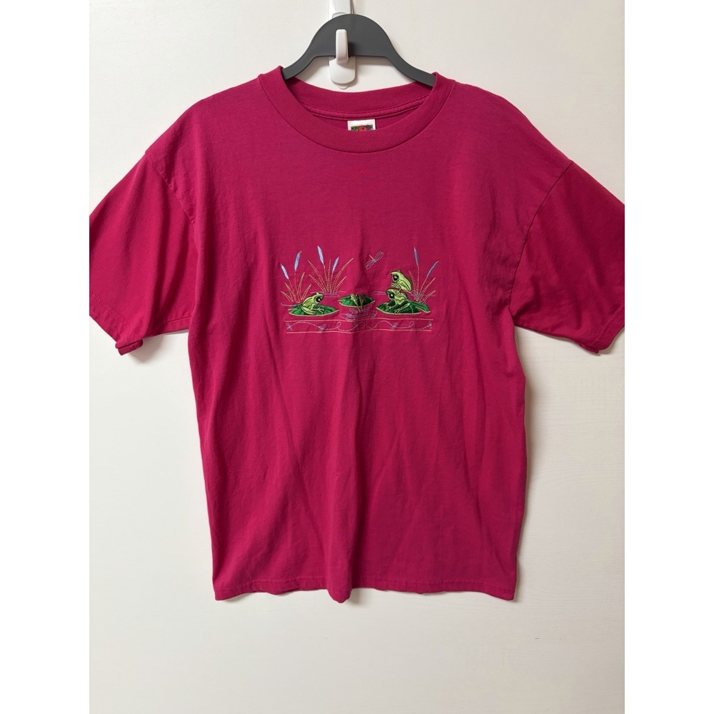 Vtg Fruit of the Loom Frog Embroidered T Shirt Pink Nature Tee Large